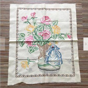 Completed Rose Bouquet Roccoco Lady Scene Hand Embroidered Fabric 19x22"